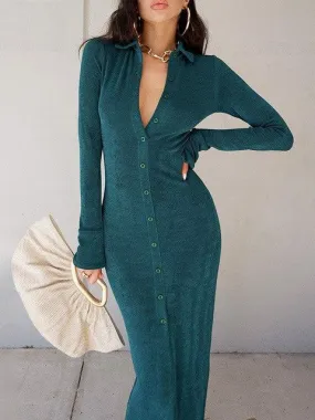 Autumn 2023 Women Green Sexy Midi Autumn Winter Khaki Casual Party Dresses Elegant