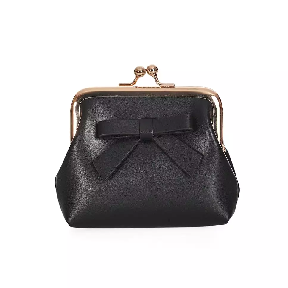 Black Coin Purse with Bow Detail and Gold Ball Clasp