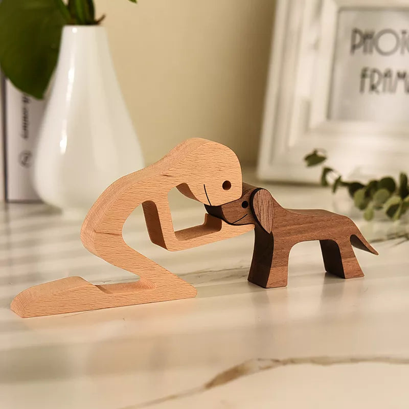 Family Puppy Wood Dog Craft Figurine Desktop Table Ornament Carving Model Home Office Decoration Pet Sculpture Christmas Gift