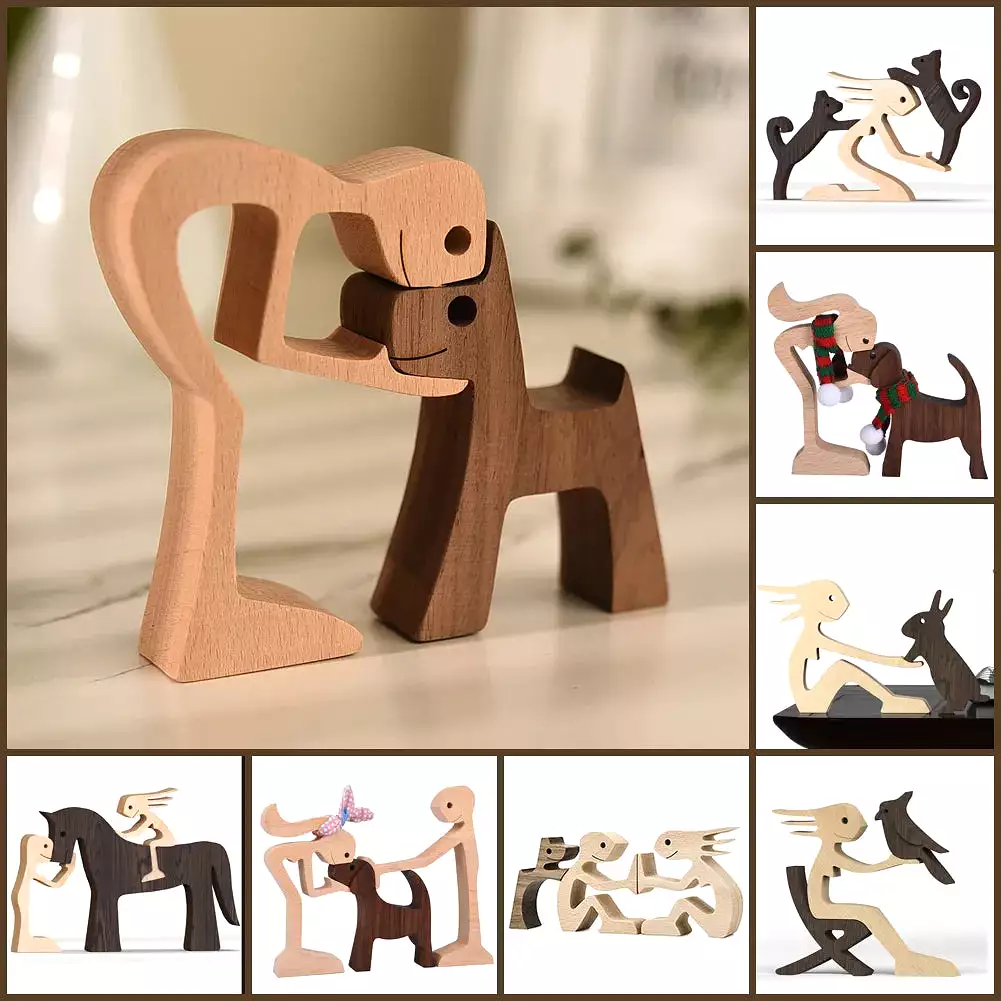 Family Puppy Wood Dog Craft Figurine Desktop Table Ornament Carving Model Home Office Decoration Pet Sculpture Christmas Gift