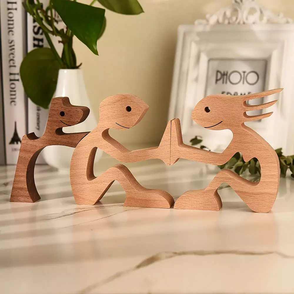 Family Puppy Wood Dog Craft Figurine Desktop Table Ornament Carving Model Home Office Decoration Pet Sculpture Christmas Gift