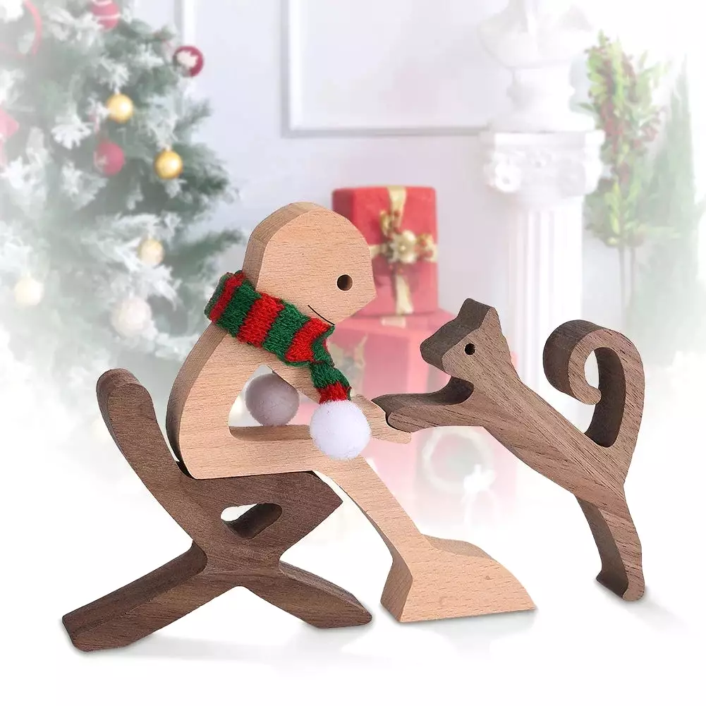 Family Puppy Wood Dog Craft Figurine Desktop Table Ornament Carving Model Home Office Decoration Pet Sculpture Christmas Gift