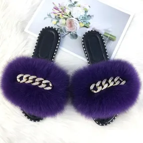 Luxury Summer Purple Color Fluffy Fur Soft Slide Flip Flop Sandals for Women