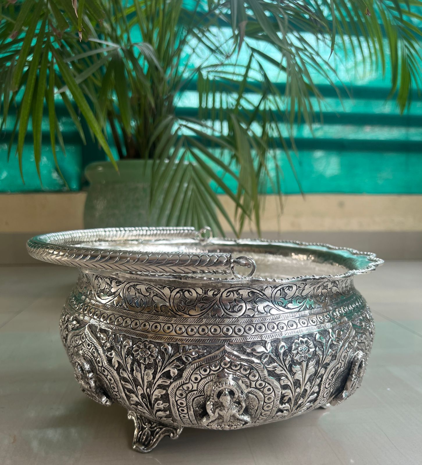 Premalu ,Premium silver finish  8 side Ashtalaxmi big size bowl/urli with handle  with intricate carving-GRIH001FB