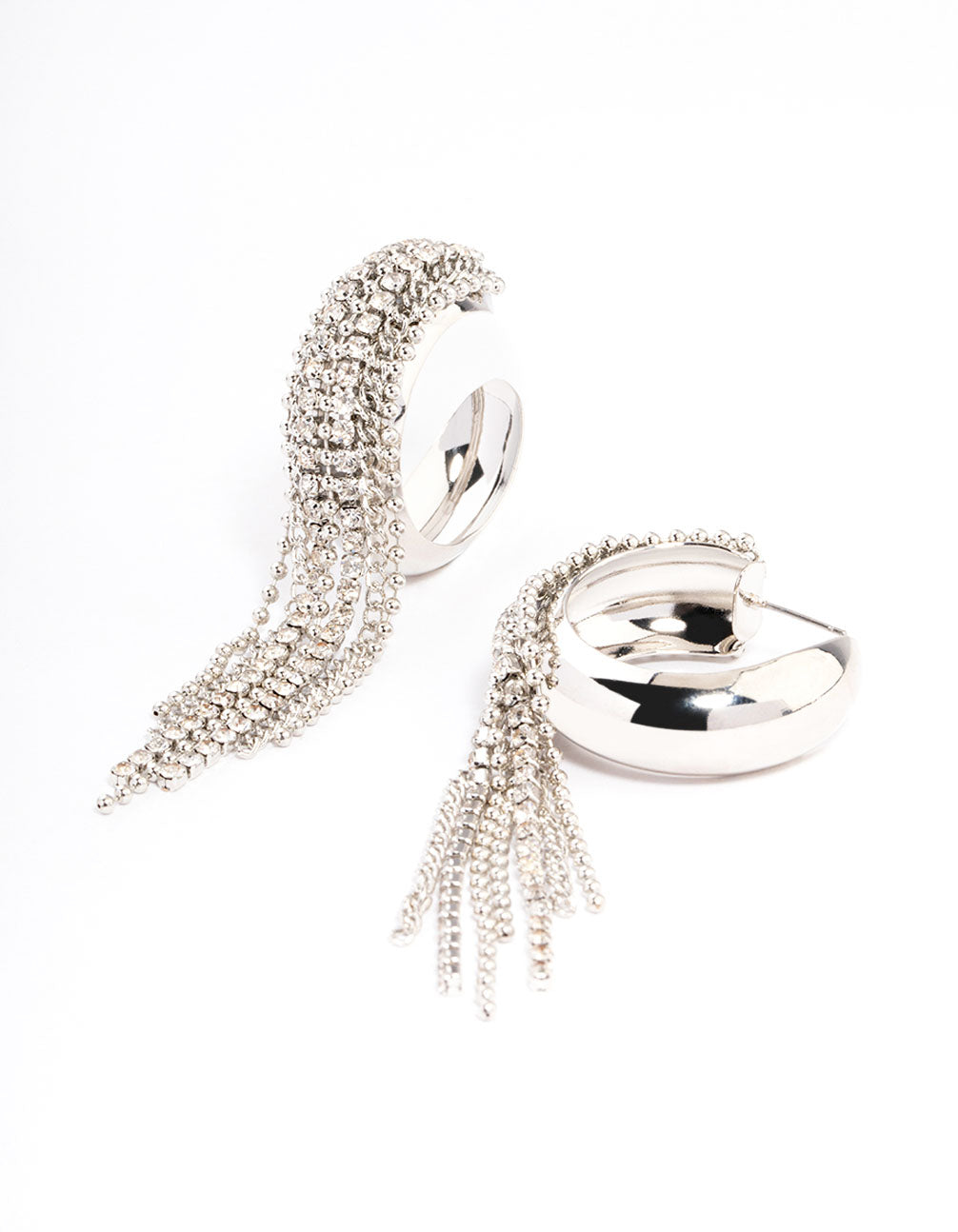 Rhodium Diamante Statement Tassel Hoop Earrings