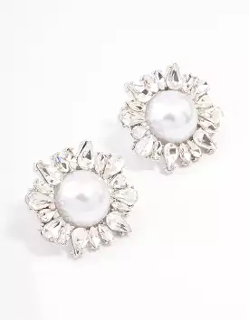 Rhodium Pearl & Cluster Statement Stud Earrings