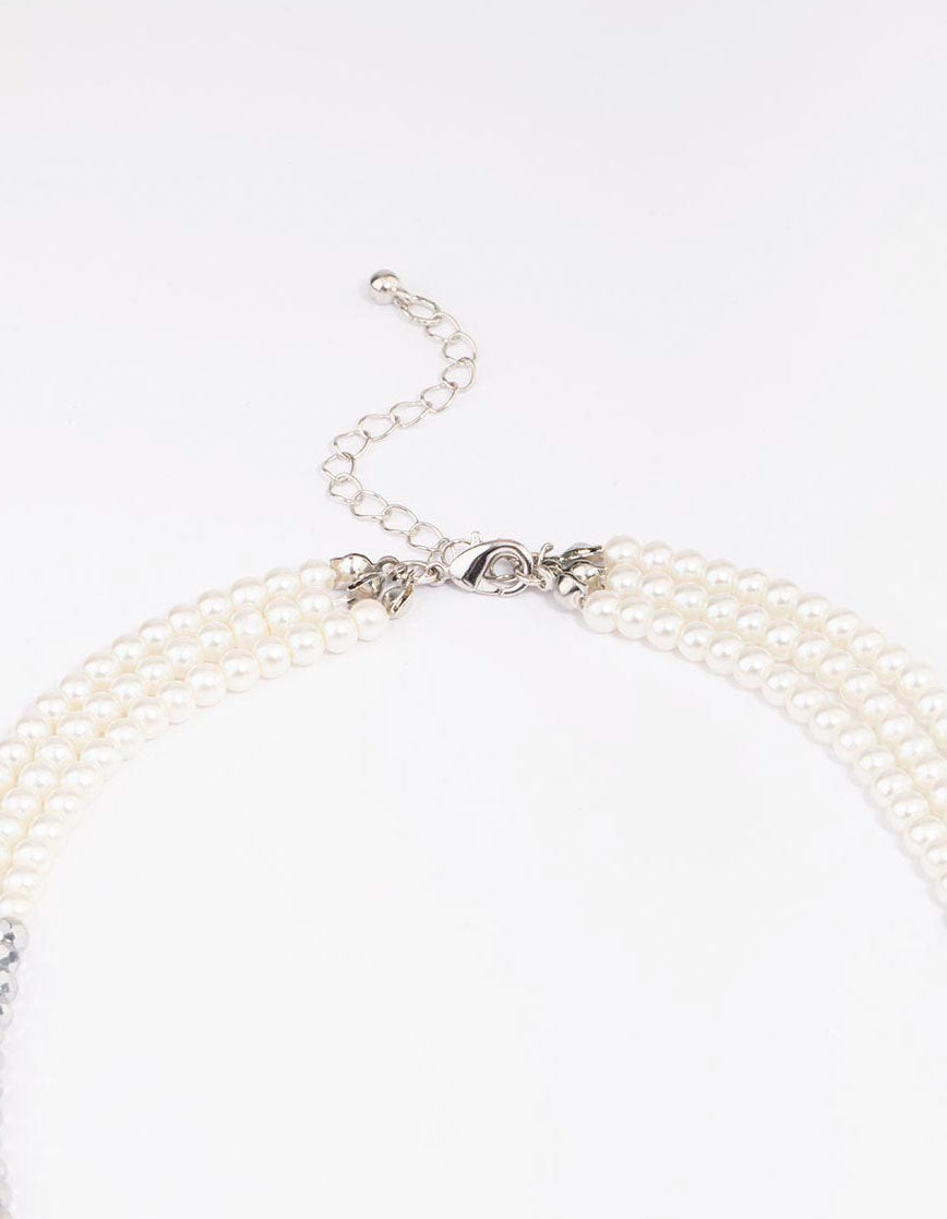 Rhodium Pearl Facet Layered Necklace