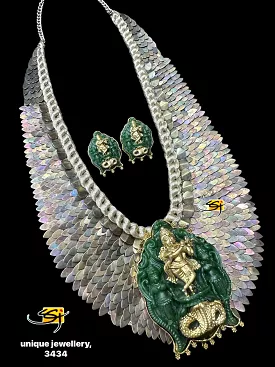 Sandilya , Designer Metal Feather Design Necklace Set with Green Carving stone Pendant-RADHE001FNS