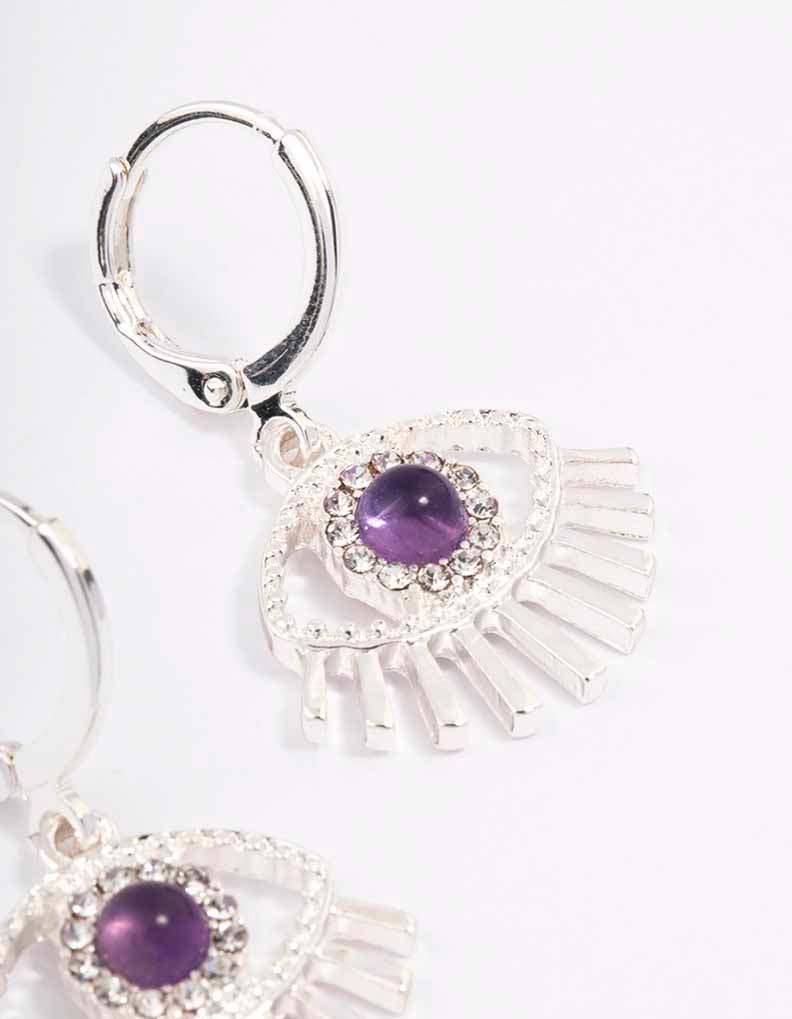 Silver Amethyst Diamante Evil Eye Huggie Earrings