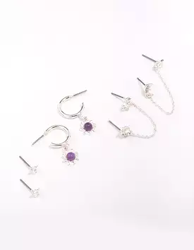 Silver Celestial Amethyst Chain Hoop Earring 4-Pack