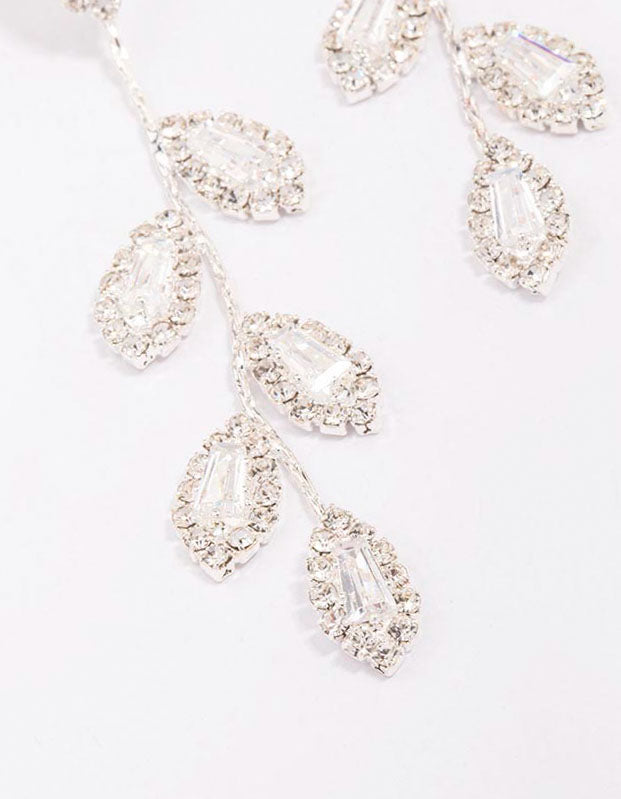 Silver Diamante Leaf Drop Earrings