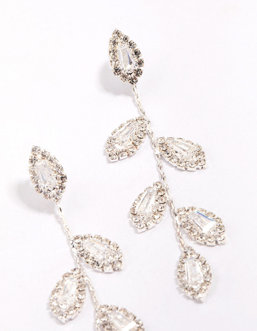 Silver Diamante Leaf Drop Earrings