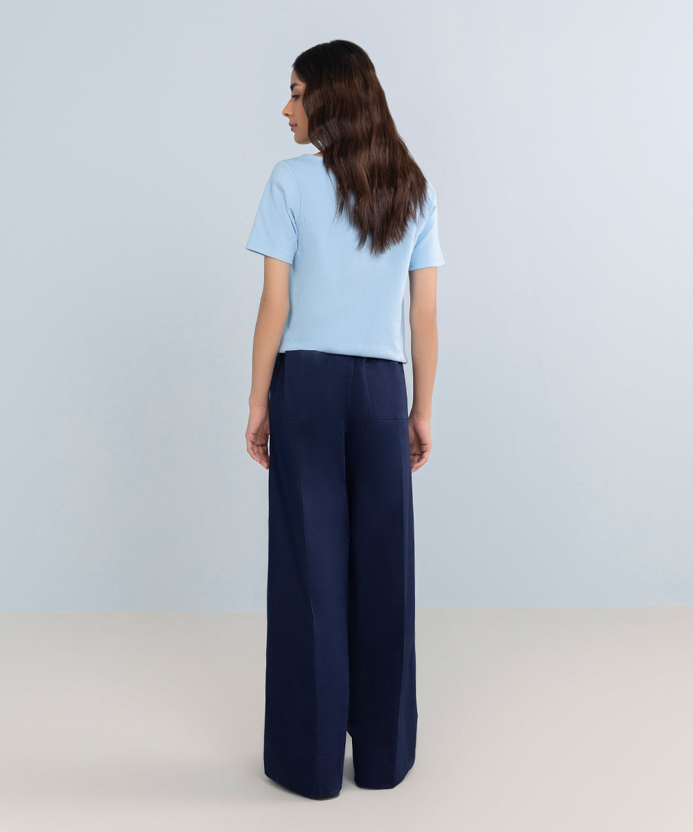 Stretched Cotton Wide Leg Trousers