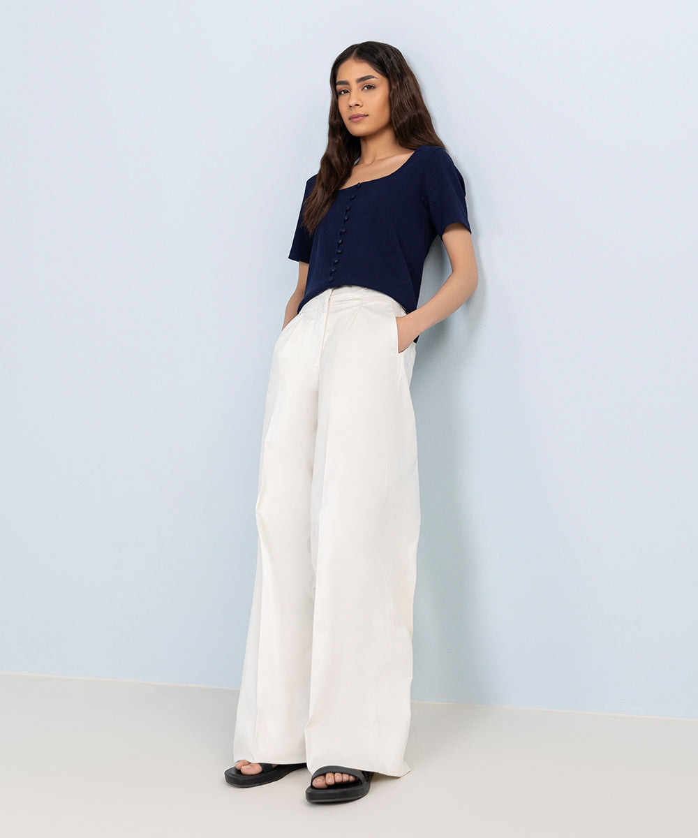 Stretched Cotton Wide Leg Trousers