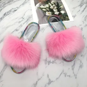 Summer Casual Pink Synthetic Fur Crystal House Slippers for Women