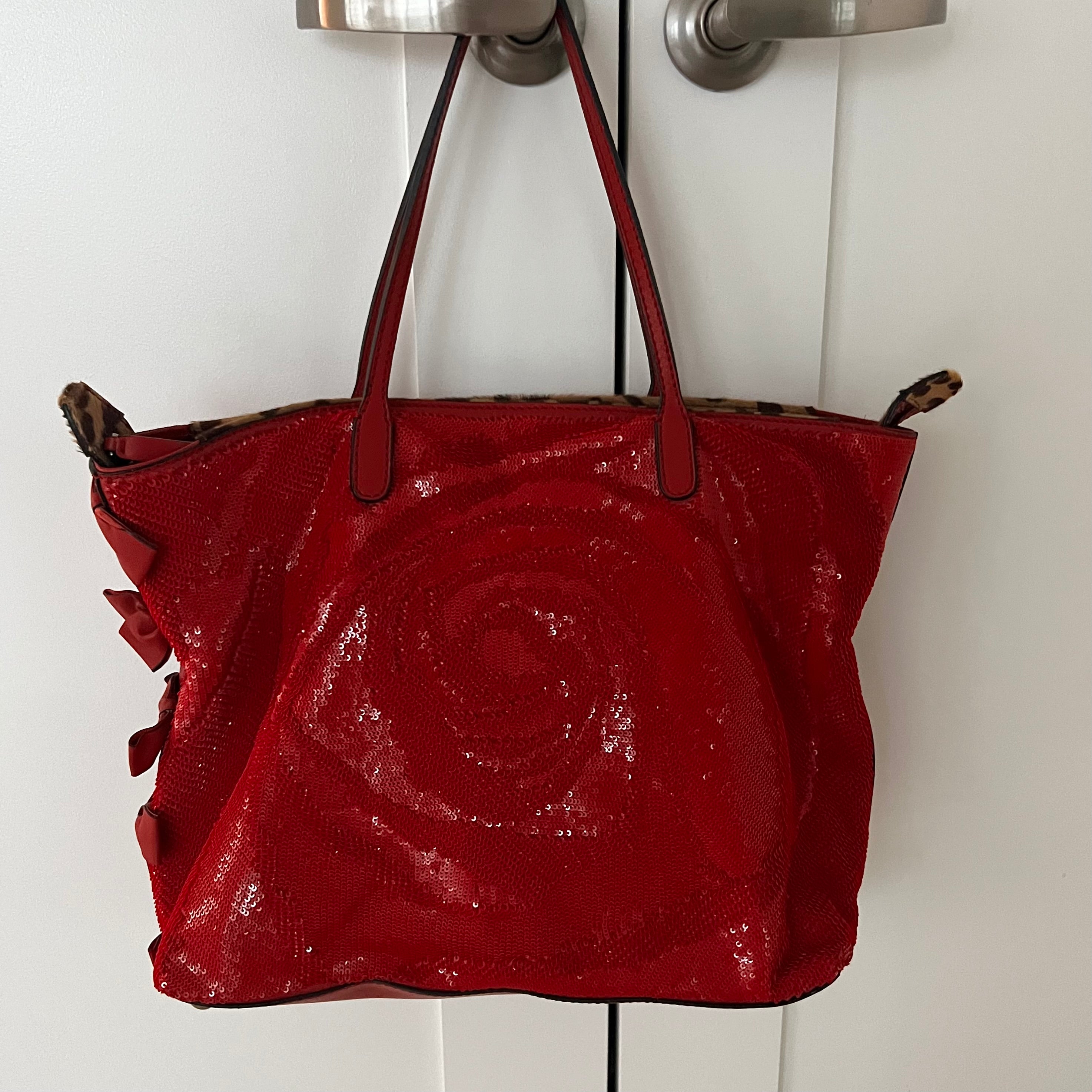 Valentino Garvani Red Nappa Leather Rose Sequin Bag