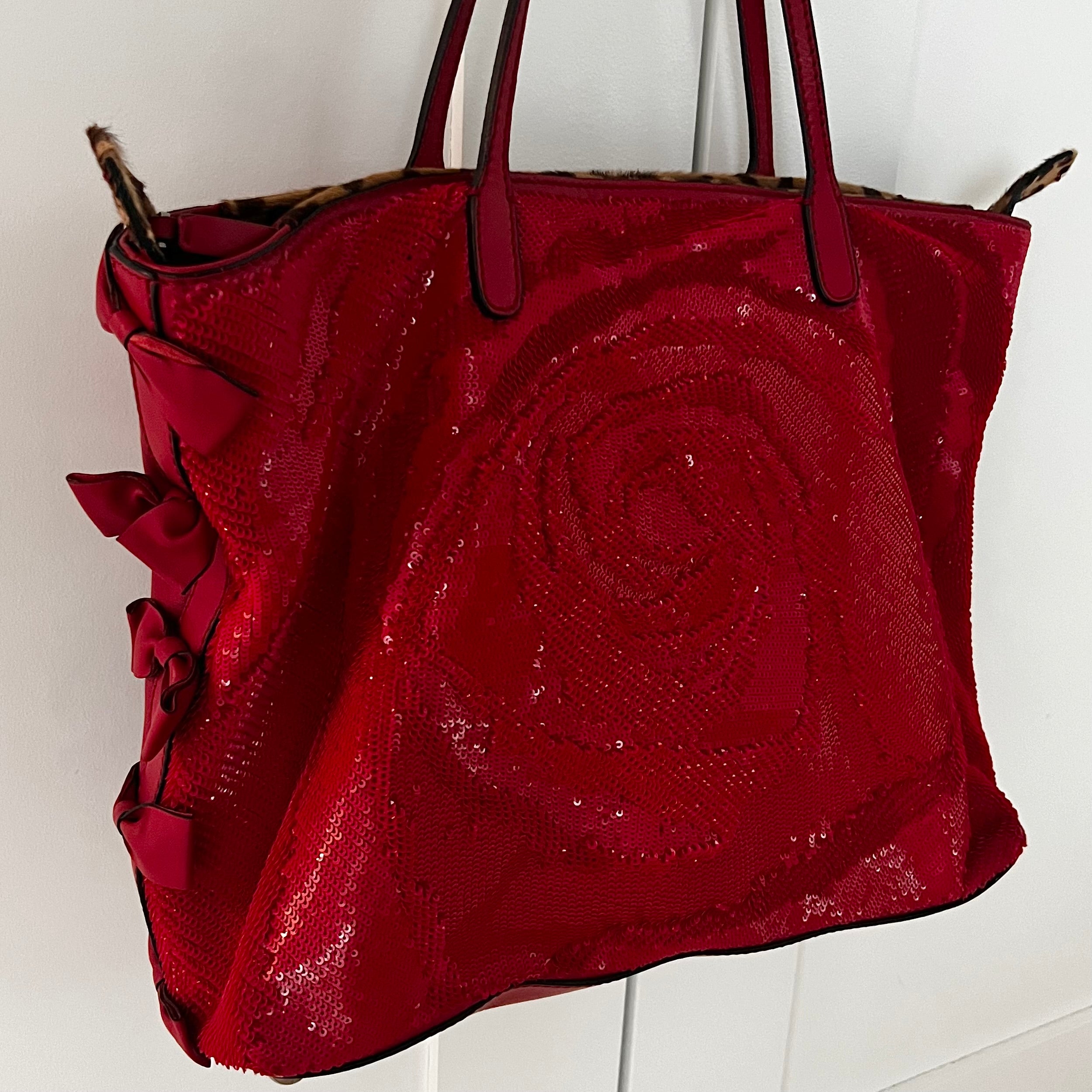 Valentino Garvani Red Nappa Leather Rose Sequin Bag